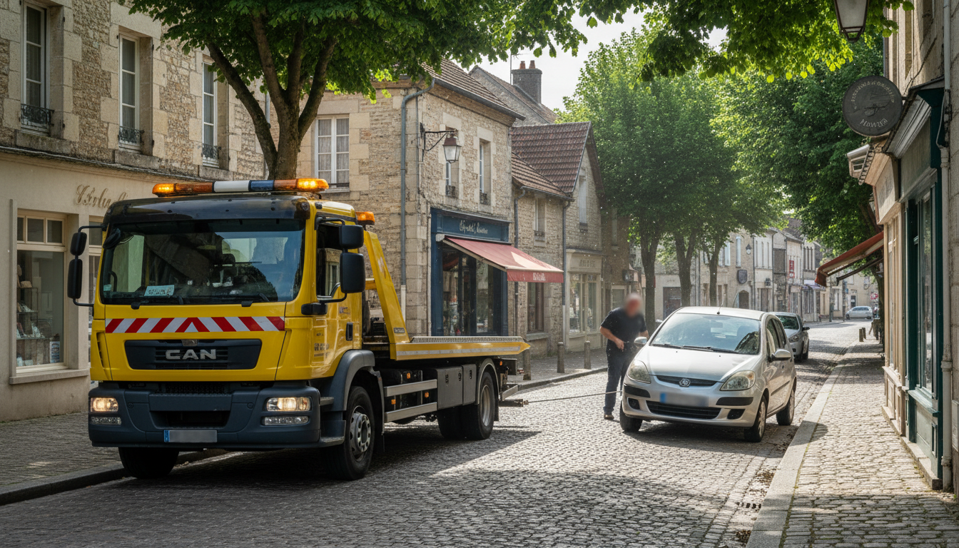 Dépanneuse Fast Depann intervenant sur une voiture en panne dans une rue de Cormeilles-en-Vexin, Val d'Oise.