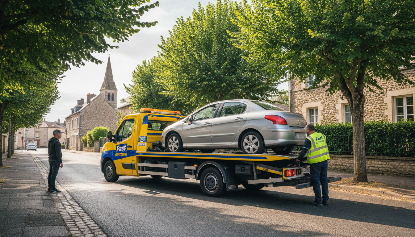 Dépanneuse Fast Depann intervenant sur une voiture en panne dans une rue de Courcelles-sur-Viosne, Val d'Oise.