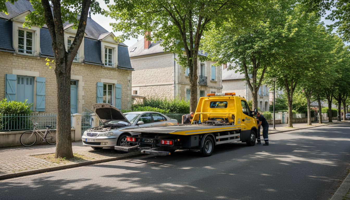 Dépanneuse Fast Depann en intervention sur une panne de voiture dans une rue résidentielle de Domont, Val d'Oise.