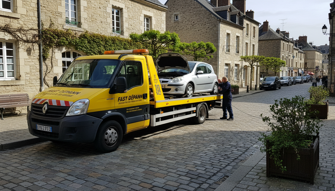 Une dépanneuse Fast Depann intervient rapidement sur une voiture en panne dans une rue typique d'Écouen, Val d'Oise.