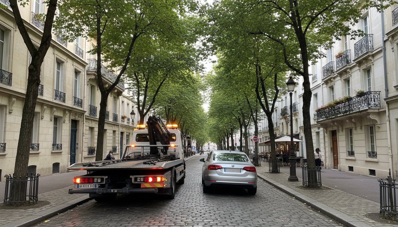 Dépanneuse Fast Depann intervenant sur une voiture en panne dans une rue d'Enghien-les-Bains, Val d'Oise.