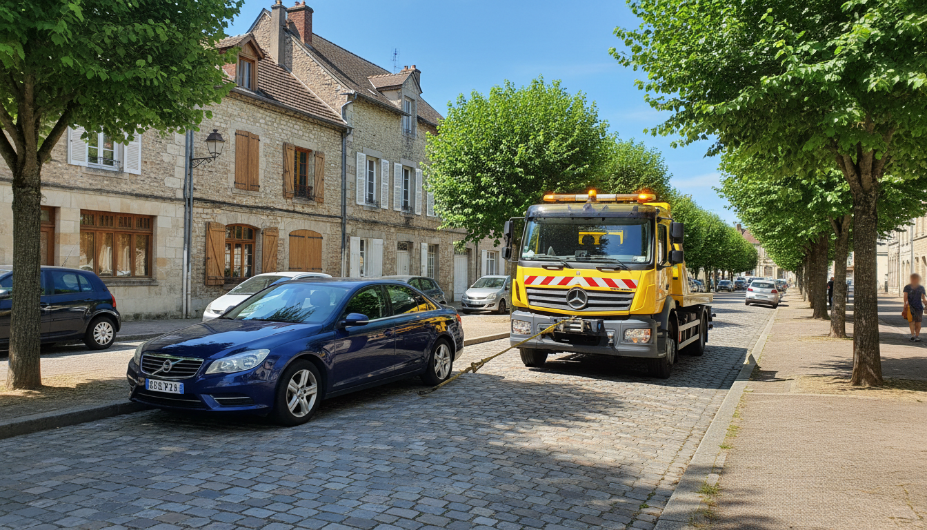 Dépanneuse Fast Depann intervenant sur une voiture en panne dans une rue résidentielle d'Ennery, Val d'Oise.