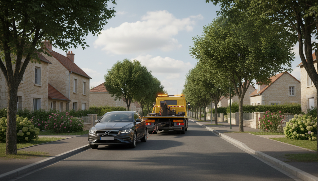 Dépanneuse Fast Depann intervenant sur une voiture en panne à Épiais-lès-Louvres, Val d'Oise.