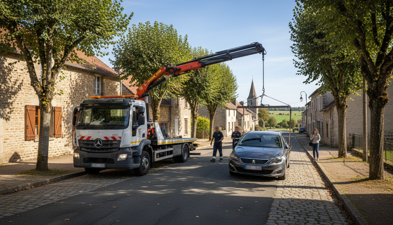 Dépanneuse Fast Depann intervenant sur une voiture en panne dans une rue d'Épiais-Rhus, Val-d'Oise.