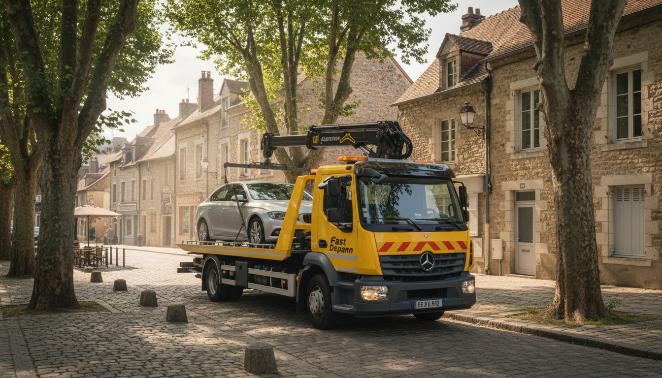Dépanneuse Fast Depann intervenant sur une voiture en panne dans une rue tranquille d'Épinay-Champlâtreux, Val d'Oise.