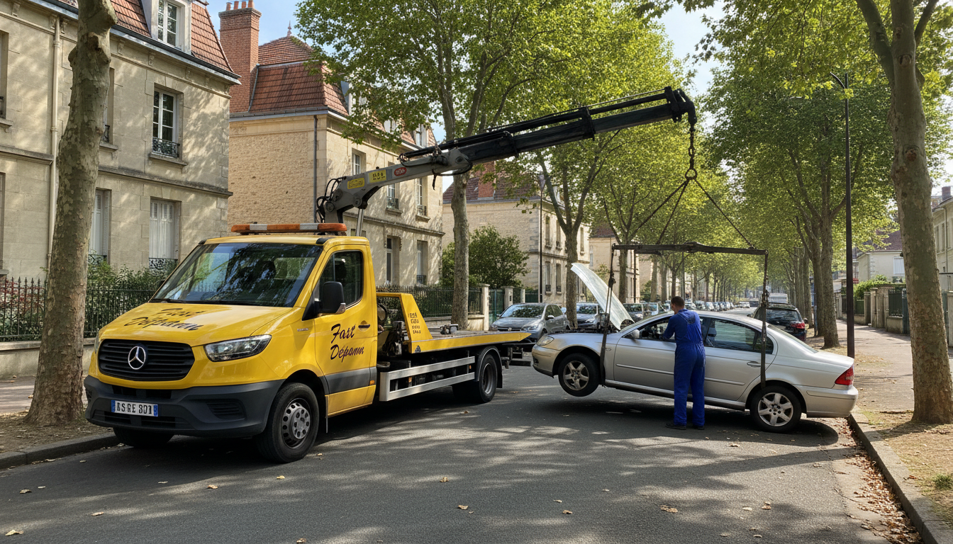 Un camion de dépannage Fast Depann intervient sur une voiture en panne dans une rue résidentielle d'Ermont, Val-d'Oise.