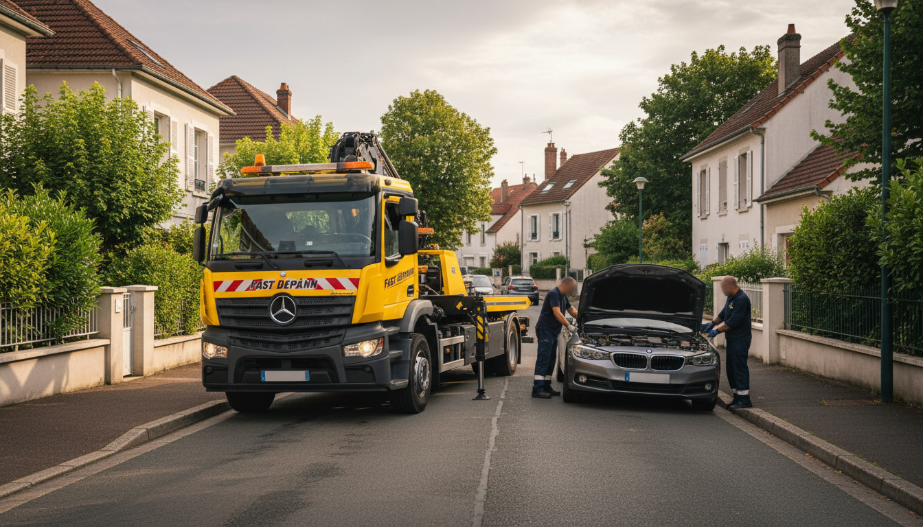 Dépanneuse Fast Depann intervenant sur une panne de voiture à Fontenay-en-Parisis, Val d'Oise.