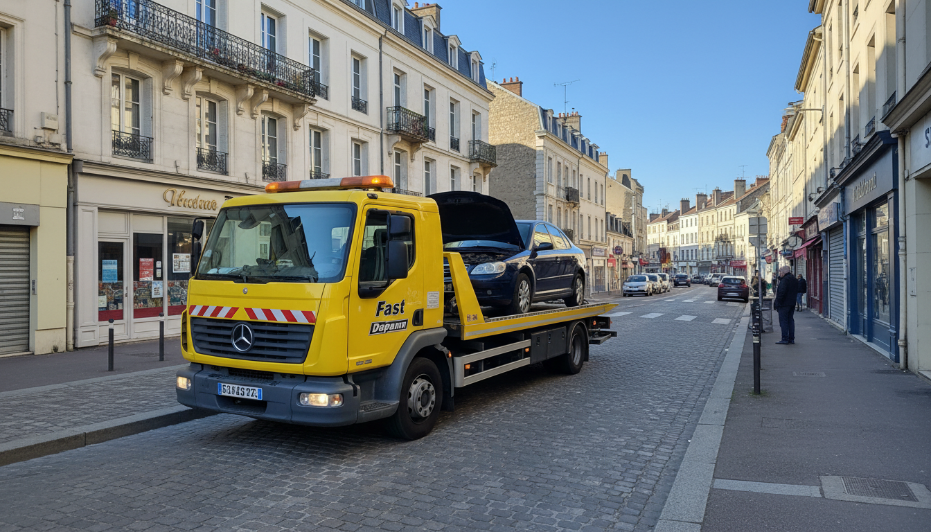Une dépanneuse Fast Depann intervient rapidement pour un dépannage auto à Fosses, Val d'Oise, sur une rue résidentielle sous un ciel bleu.