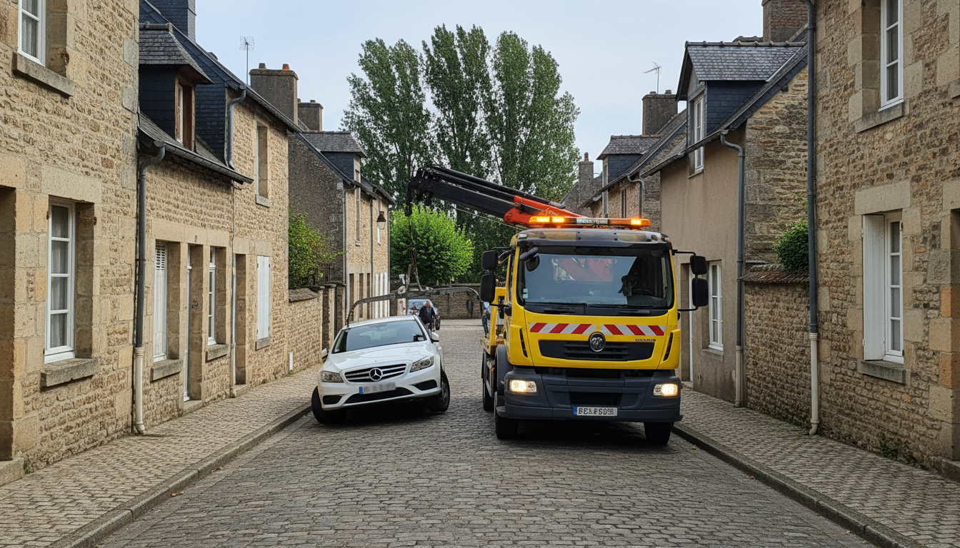 Un dépanneur Fast Depann en pleine intervention pour un dépannage auto à Frémainville, Val-d'Oise. Un camion de remorquage moderne assiste une voiture en panne sur une rue pavée typique du village.