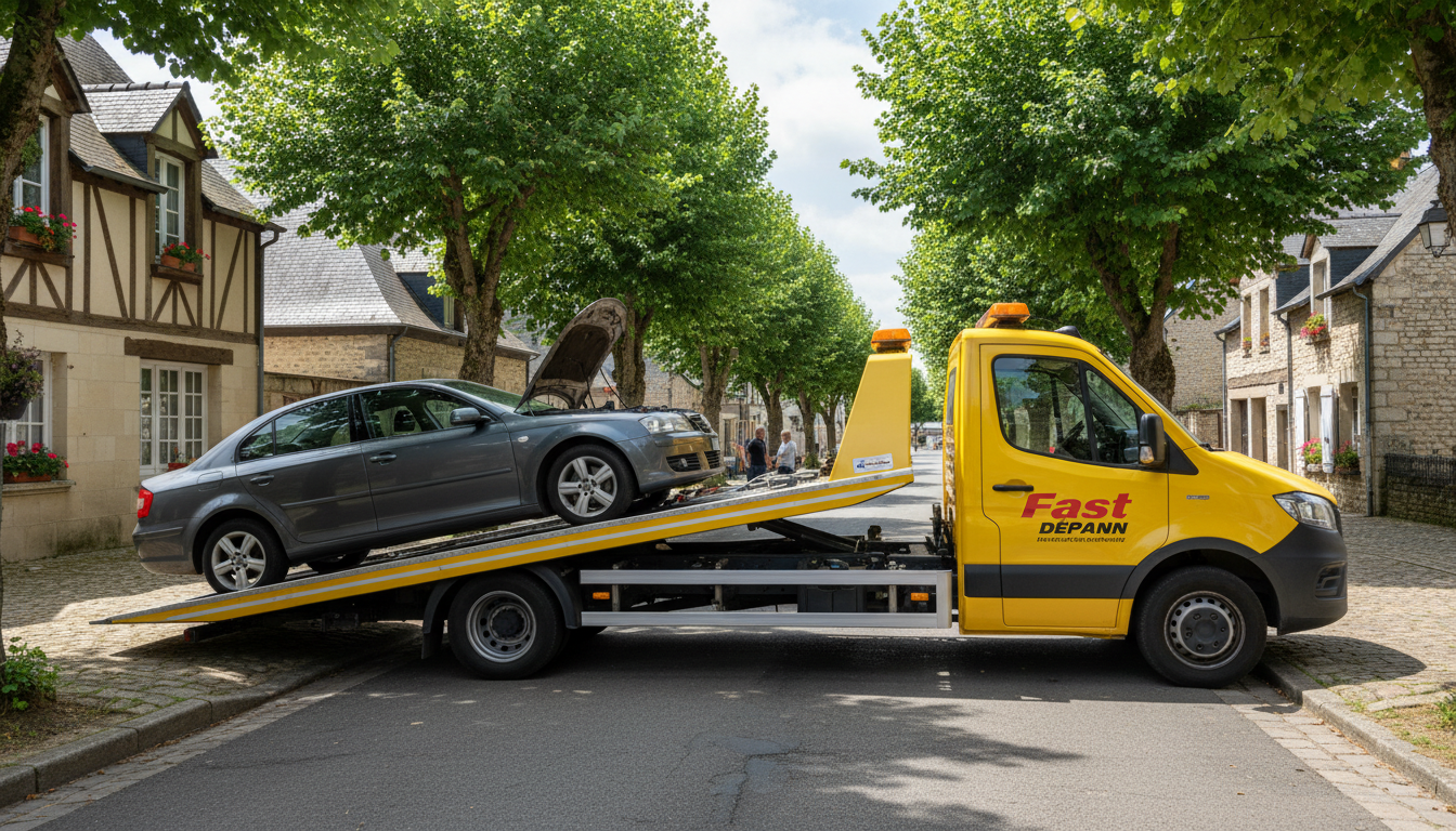 Dépanneuse Fast Depann intervenant sur une voiture en panne à Frouville, Val d'Oise, pour un dépannage rapide.