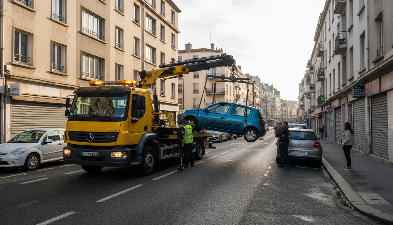 Un dépanneur Fast Depann intervient avec un camion de remorquage pour une panne de voiture dans une rue résidentielle de Garges-lès-Gonesse.