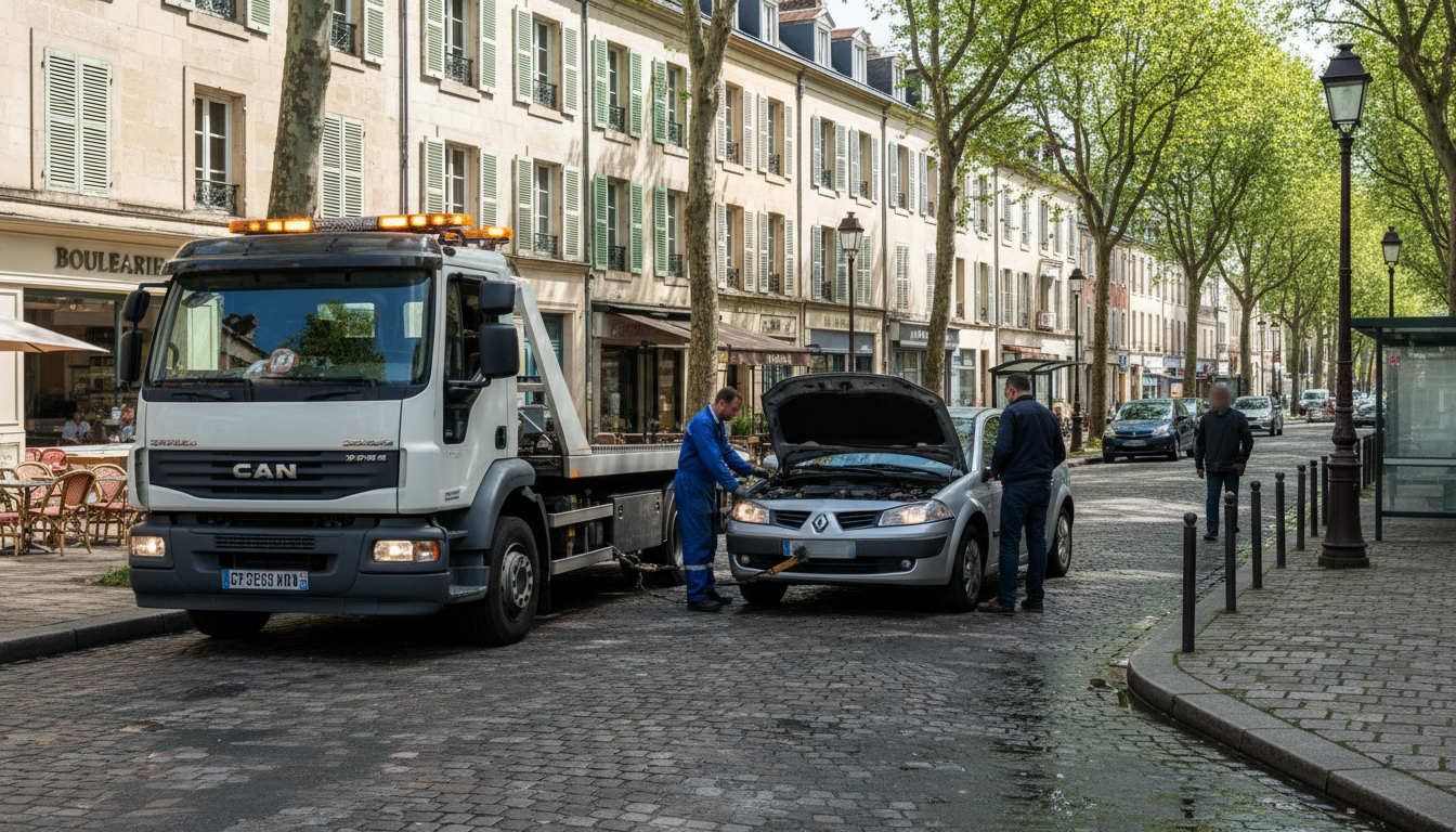 Un camion de dépannage Fast Depann intervenant sur une voiture en panne dans une rue résidentielle de Gonesse, Val d'Oise, en plein jour.