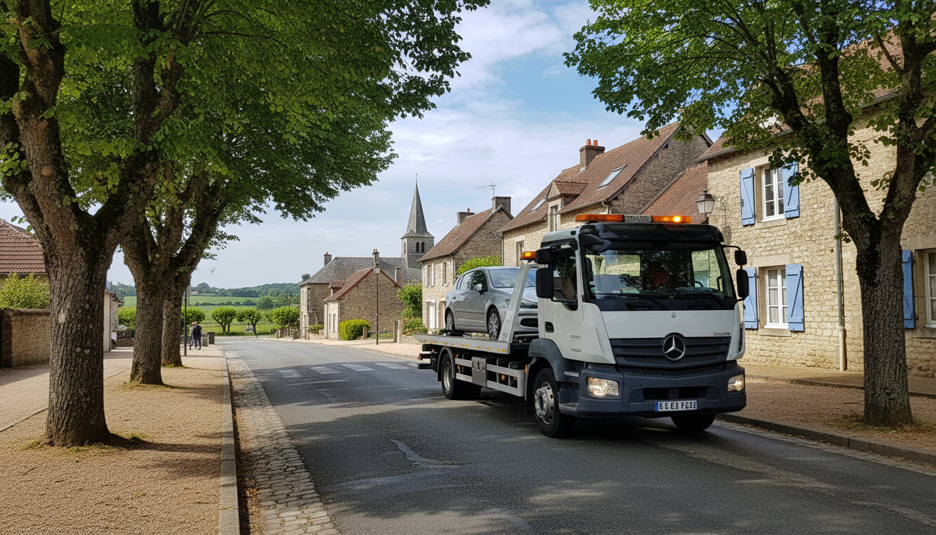 Un dépanneur Fast Depann remorquant une voiture en panne dans une rue typique de Grisy-les-Plâtres, Val d'Oise.