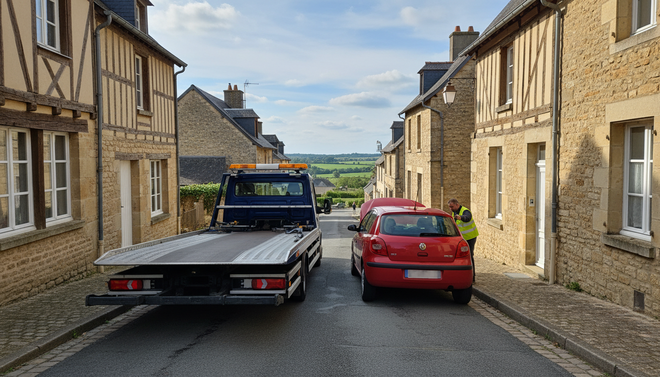 Dépanneuse Fast Depann intervenant sur une voiture en panne dans une rue de Guiry-en-Vexin, Val d'Oise, au lever du soleil.