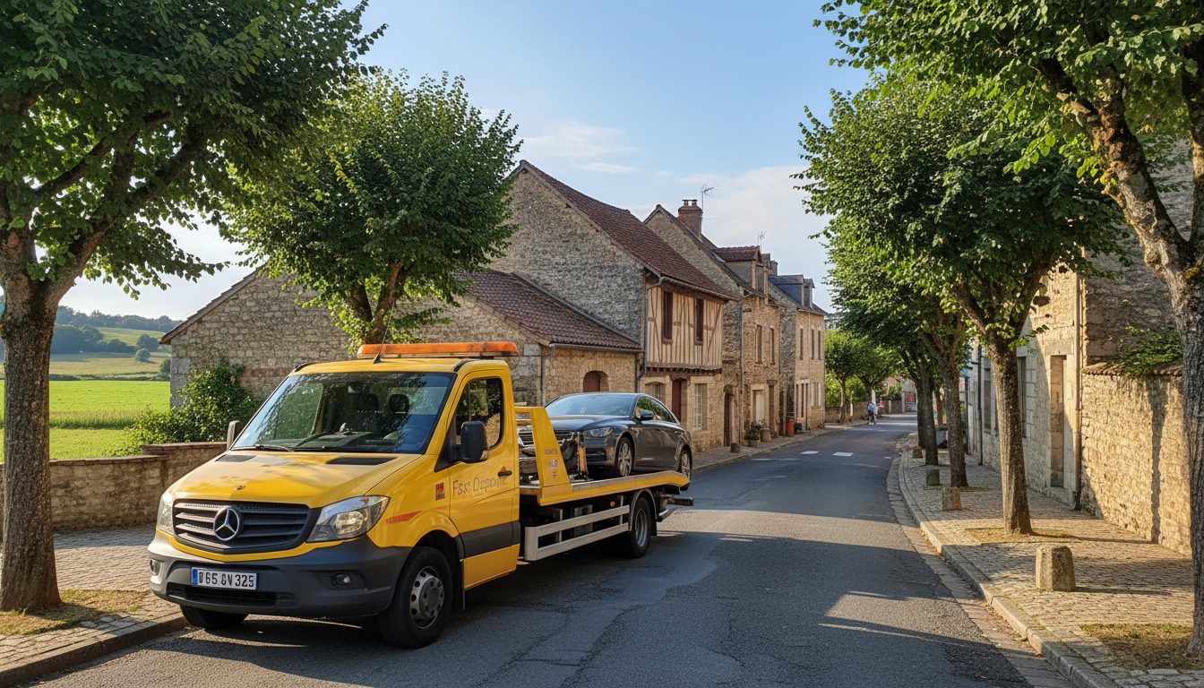 Dépanneuse Fast Depann intervenant sur une voiture en panne dans une rue typique d'Haravilliers, Val d'Oise.