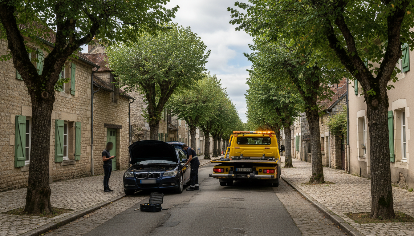 Dépanneuse Fast Depann intervenant sur un véhicule en panne dans une rue d'Hédouville, Val d'Oise.