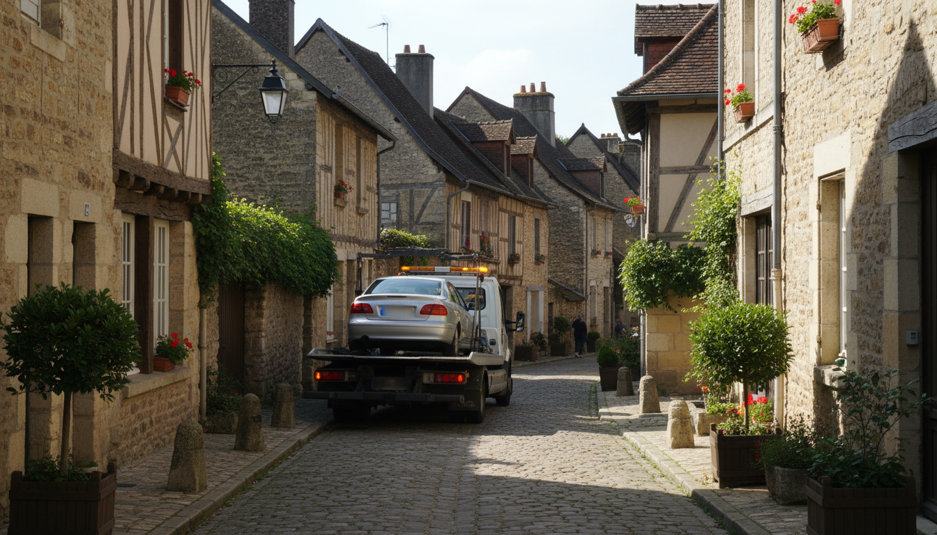 Dépanneuse Fast Depann intervenant sur une voiture en panne dans une rue de Hodent, Val d'Oise.