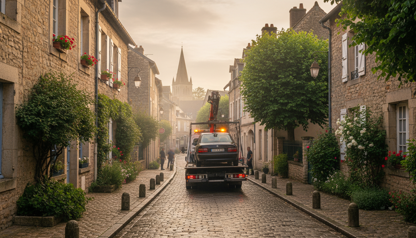 Dépanneuse Fast Depann intervenant sur une voiture en panne dans une rue typique de La Chapelle-en-Vexin, Val d'Oise.