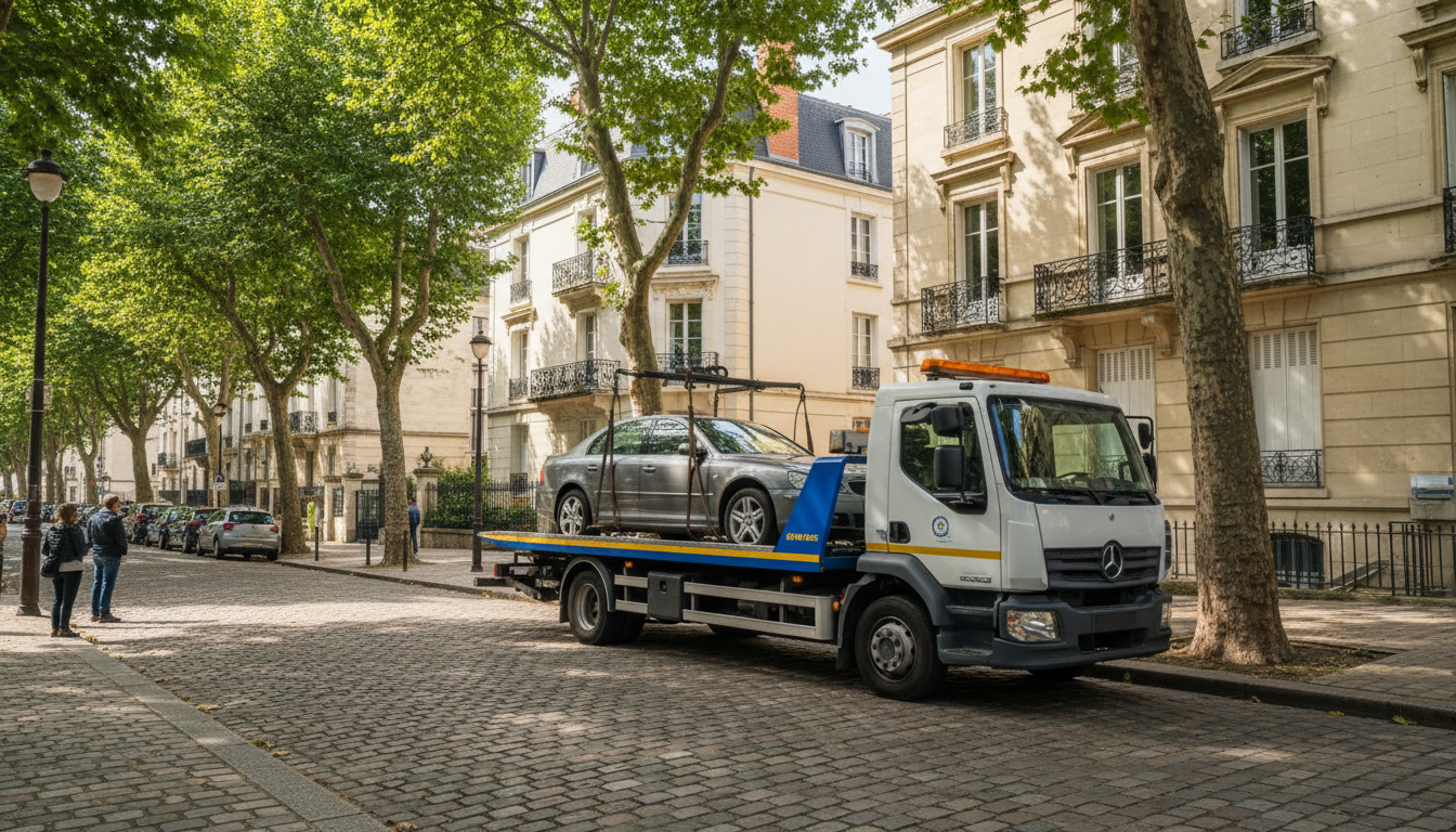 Dépanneuse Fast Depann en intervention sur une voiture en panne à La Frette-sur-Seine, Val D'Oise, sous un ciel clair.
