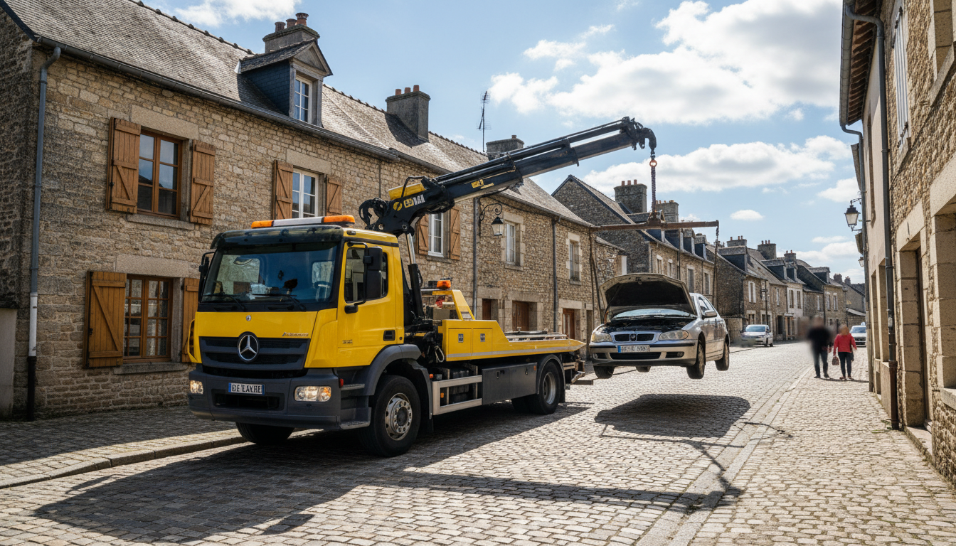 Dépannage auto rapide à Labbeville : un véhicule Fast Depann remorquant une voiture en panne dans une rue typique du Val d'Oise.