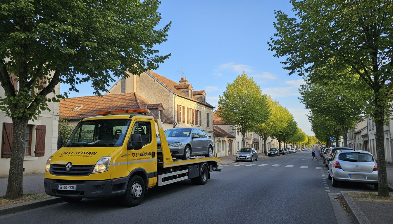 Dépanneuse Fast Depann intervenant rapidement pour un dépannage auto sur une route de Lassy (Val d'Oise).