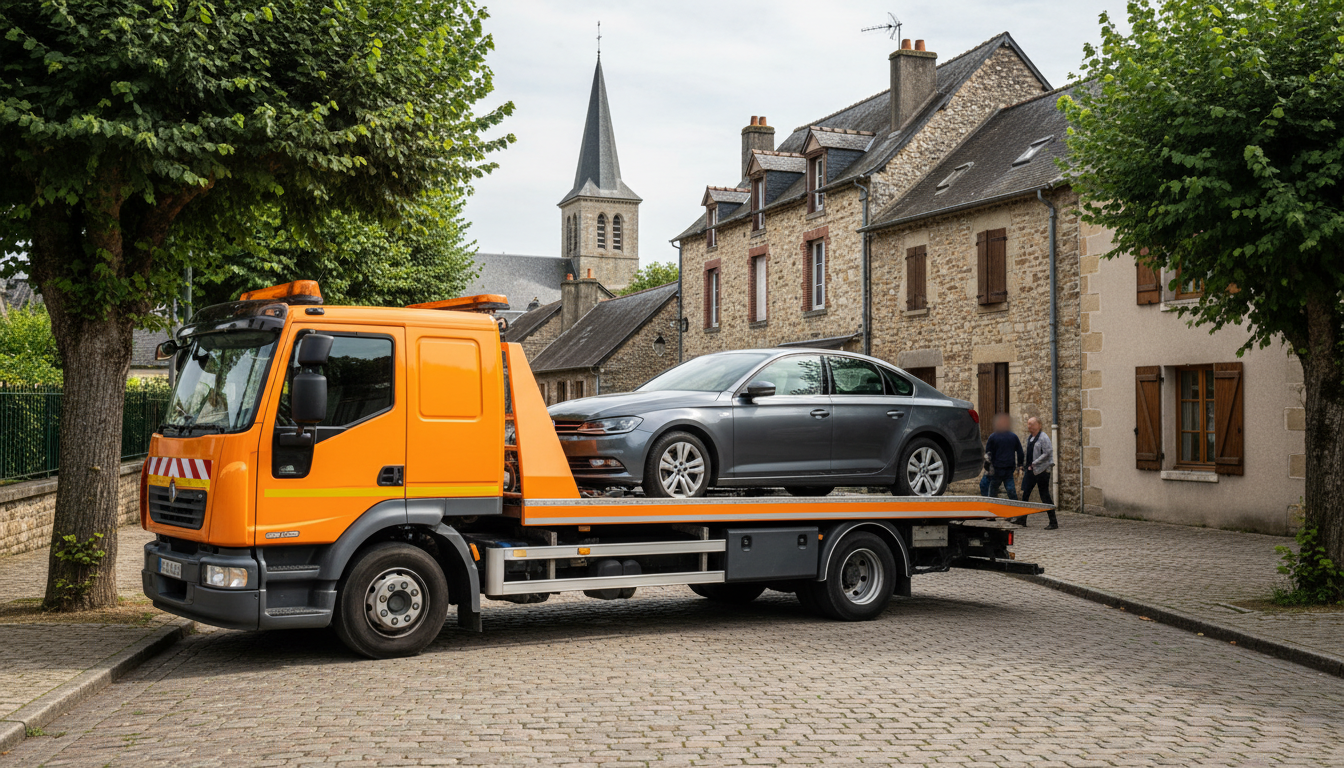 Dépanneuse Fast Depann intervenant sur une voiture en panne dans une rue de Le Mesnil-Aubry, Val d'Oise.
