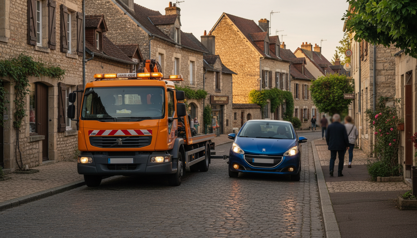 Dépanneuse Fast Depann en intervention rapide sur une voiture en panne à Le Plessis-Luzarches, Val d'Oise.