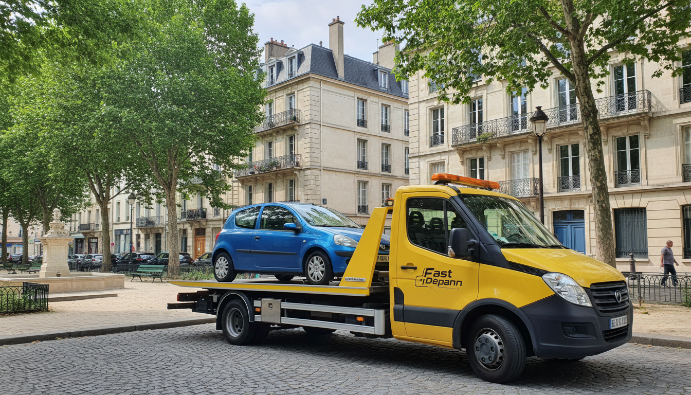 Un véhicule de dépannage Fast Depann en pleine intervention sur une voiture en panne dans une rue résidentielle du Thillay, Val d'Oise.