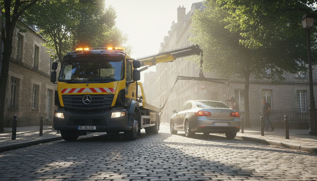 Un dépanneur Fast Depann intervient avec son camion de remorquage pour un dépannage auto urgent à L'Isle-Adam, Val d'Oise.