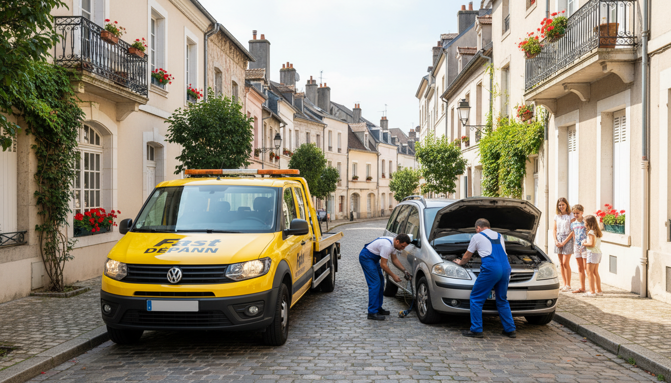 Un dépanneur Fast Depann remorquant un véhicule en panne dans une rue de Longuesse, Val d'Oise.