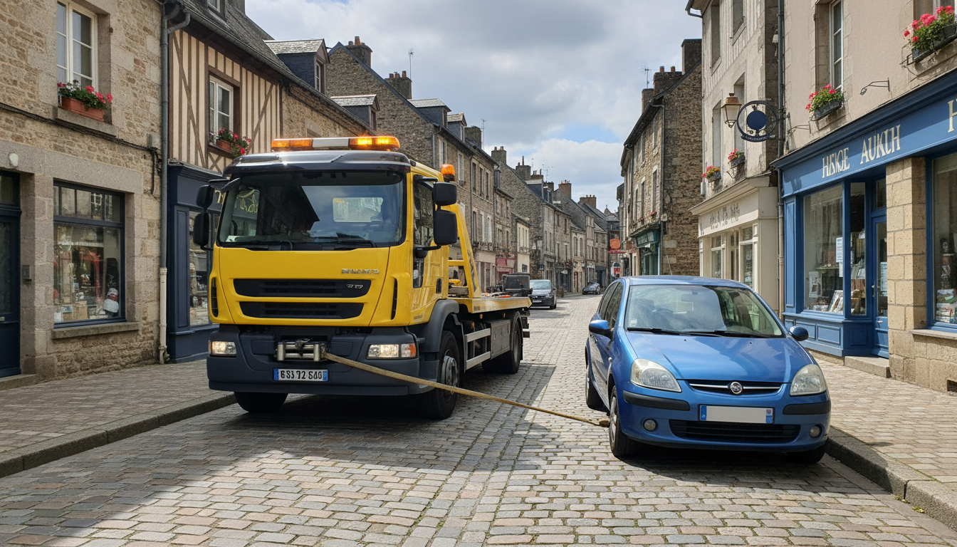 Dépanneuse moderne de Fast Depann intervenant sur une voiture en panne dans une rue typique de Marines, Val d'Oise.