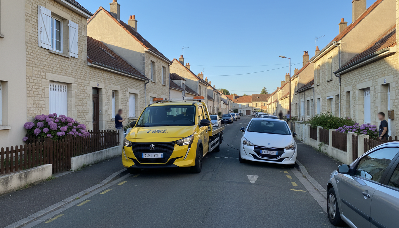 Un dépanneur Fast Depann intervient rapidement sur une voiture en panne dans une rue résidentielle de Marly-la-Ville, Val d'Oise.