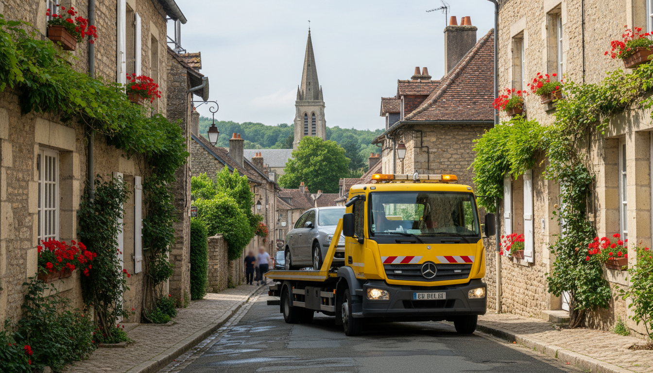 Dépanneuse Fast Depann intervenant pour un dépannage auto sur une route de Maudétour-en-Vexin, Val d'Oise.