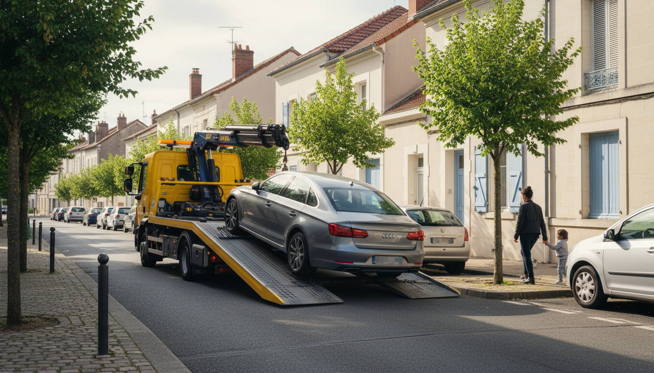 Dépanneuse Fast Depann intervenant sur une voiture en panne dans une rue résidentielle de Menucourt, Val d'Oise.