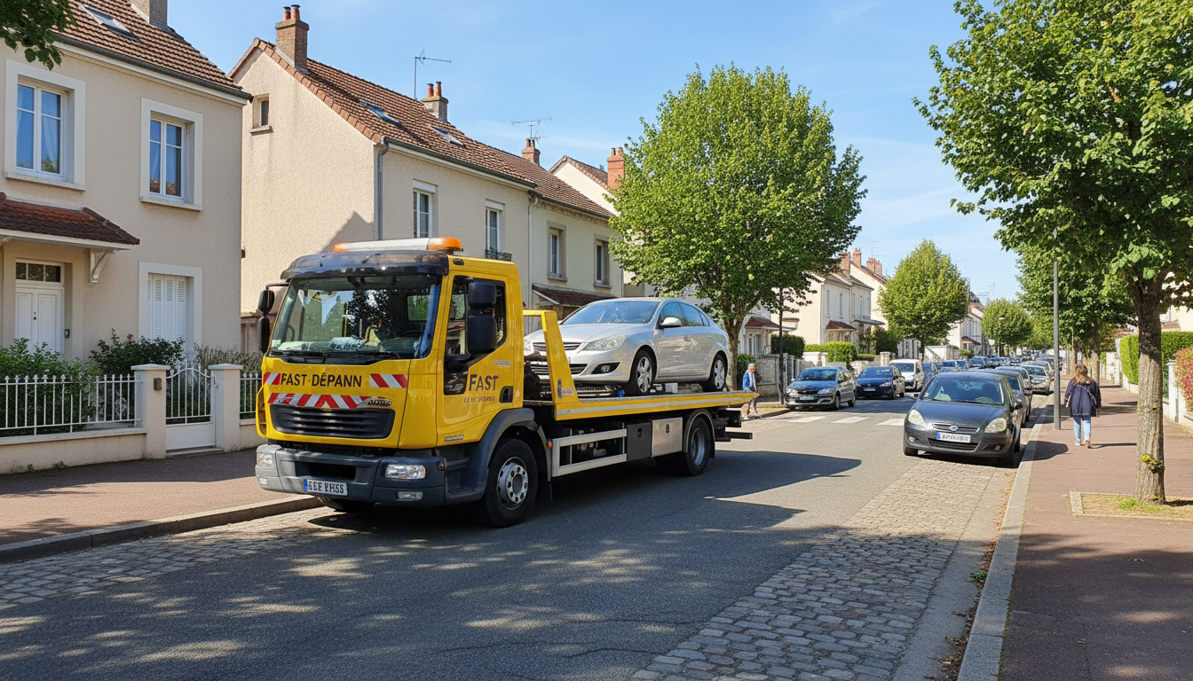 Un véhicule de dépannage Fast Depann intervenant sur une voiture en panne dans une rue résidentielle de Moisselles, Val d'Oise.