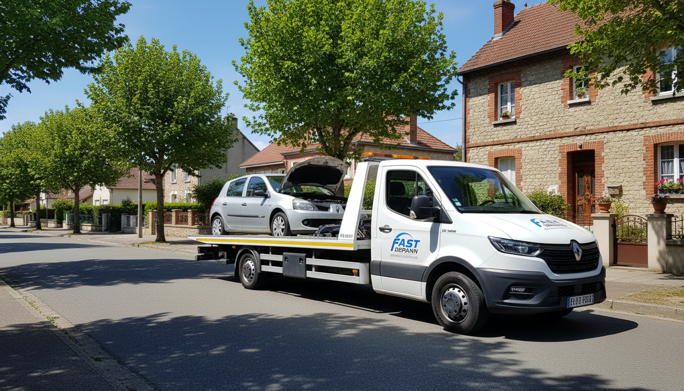 Un dépanneur Fast Depann intervient sur une voiture en panne dans une rue résidentielle de Montsoult, Val d'Oise.