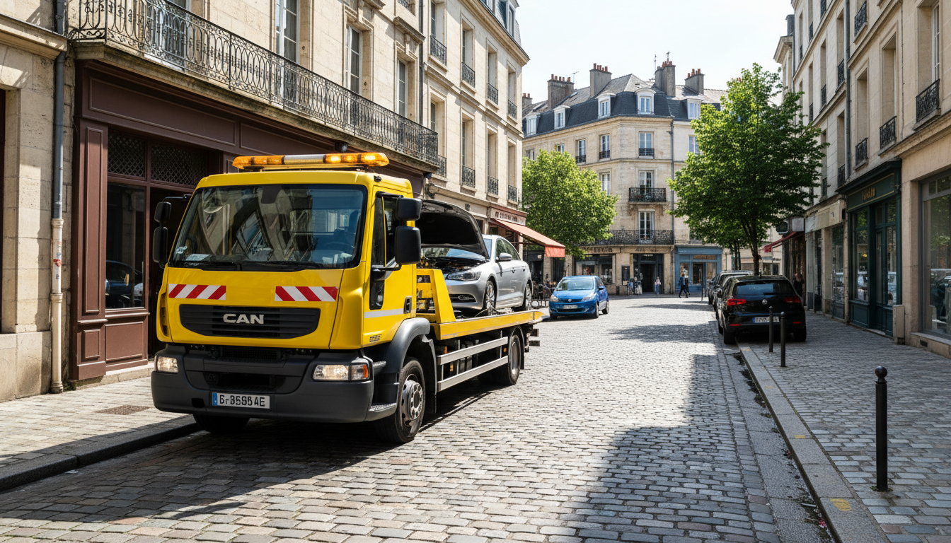 Un dépanneur Fast Depann remorque une voiture en panne dans une rue résidentielle de Mours, Val d'Oise, sous un ciel clair.