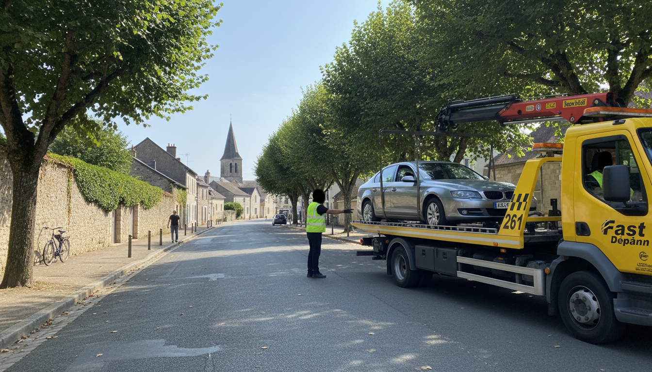 Dépanneuse Fast Depann intervenant sur une voiture en panne dans une rue de Neuilly-en-Vexin, Val d'Oise.
