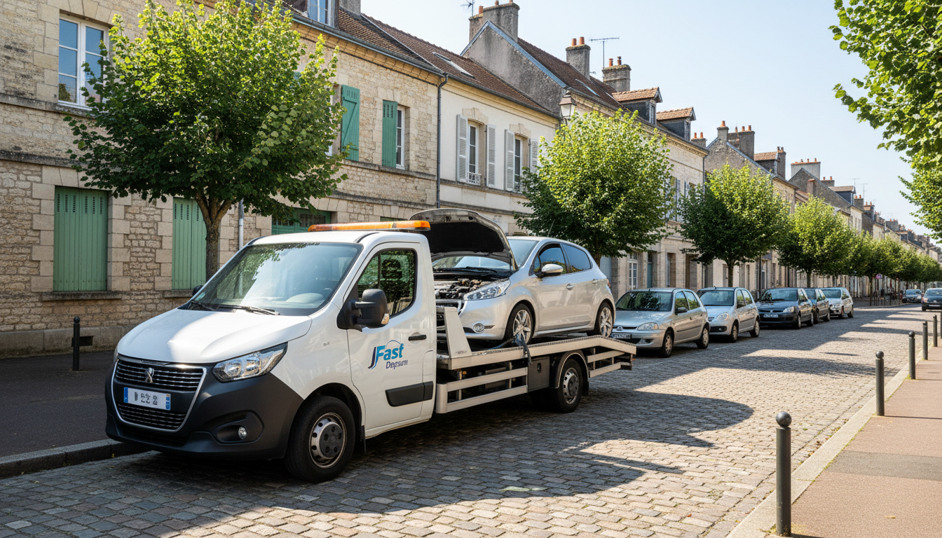 Dépanneuse Fast Depann intervenant sur une voiture en panne dans une rue résidentielle de Nointel, Val d'Oise.