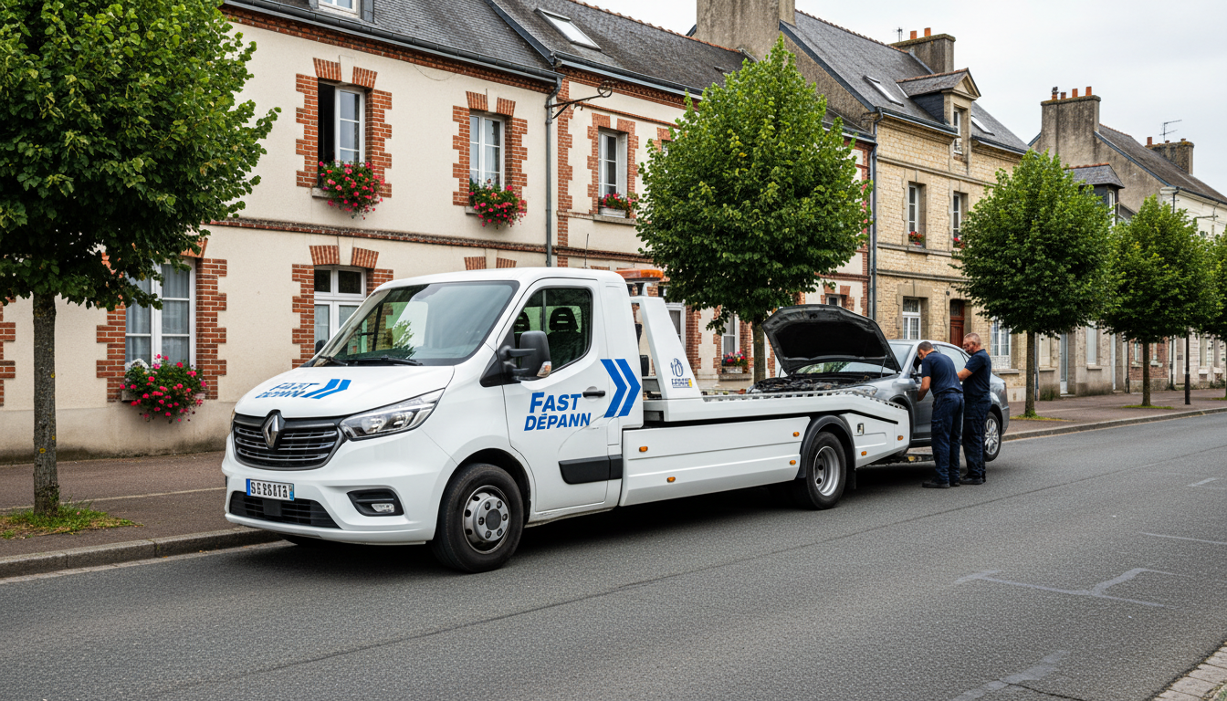 Dépanneuse Fast Depann en intervention sur une voiture en panne dans une rue de Noisy-sur-Oise, Val d'Oise.