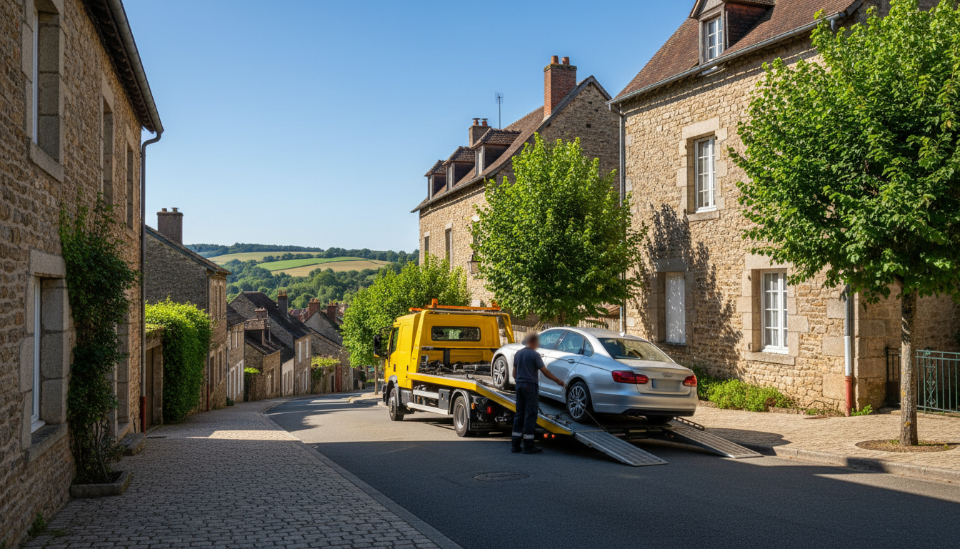 Dépannage auto urgent à Omerville : un dépanneur Fast Depann assiste un véhicule en panne sur une route de village du Val d'Oise.