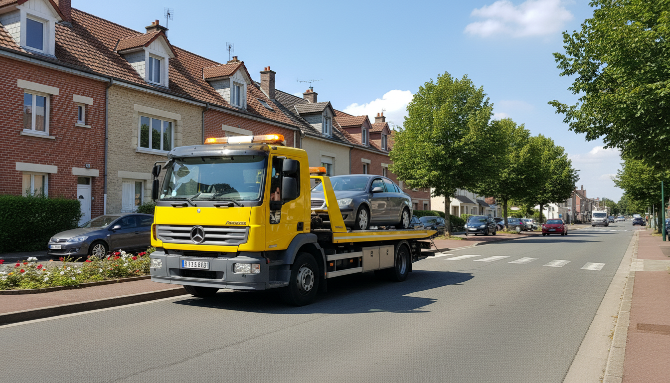 Dépanneuse Fast Depann intervenant sur une voiture en panne dans une rue résidentielle d'Osny, Val d'Oise, sous un ciel clair.