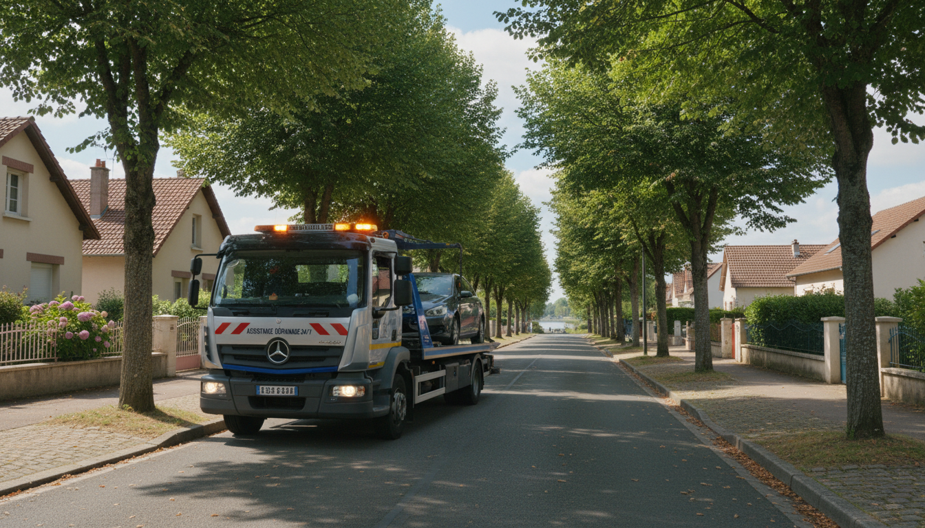 Dépanneuse Fast Depann intervenant sur une panne de voiture dans une rue résidentielle de Parmain, Val d'Oise.