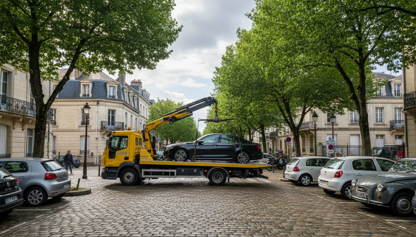 Dépanneuse Fast Depann intervenant sur une voiture en panne dans une rue de Pierrelaye, Val d'Oise