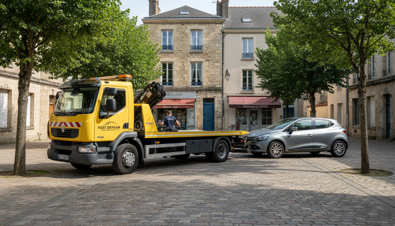 Un dépanneur Fast Depann intervient rapidement pour remorquer une voiture en panne sur une rue résidentielle de Presles, Val d'Oise.