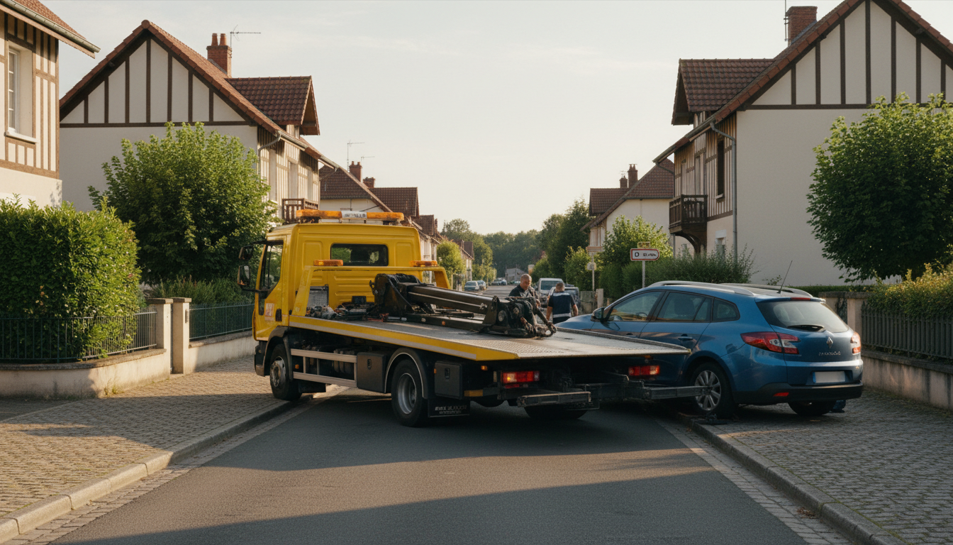 Dépanneuse Fast Depann intervenant sur une voiture en panne dans une rue de Puiseux-Pontoise, Val d'Oise.