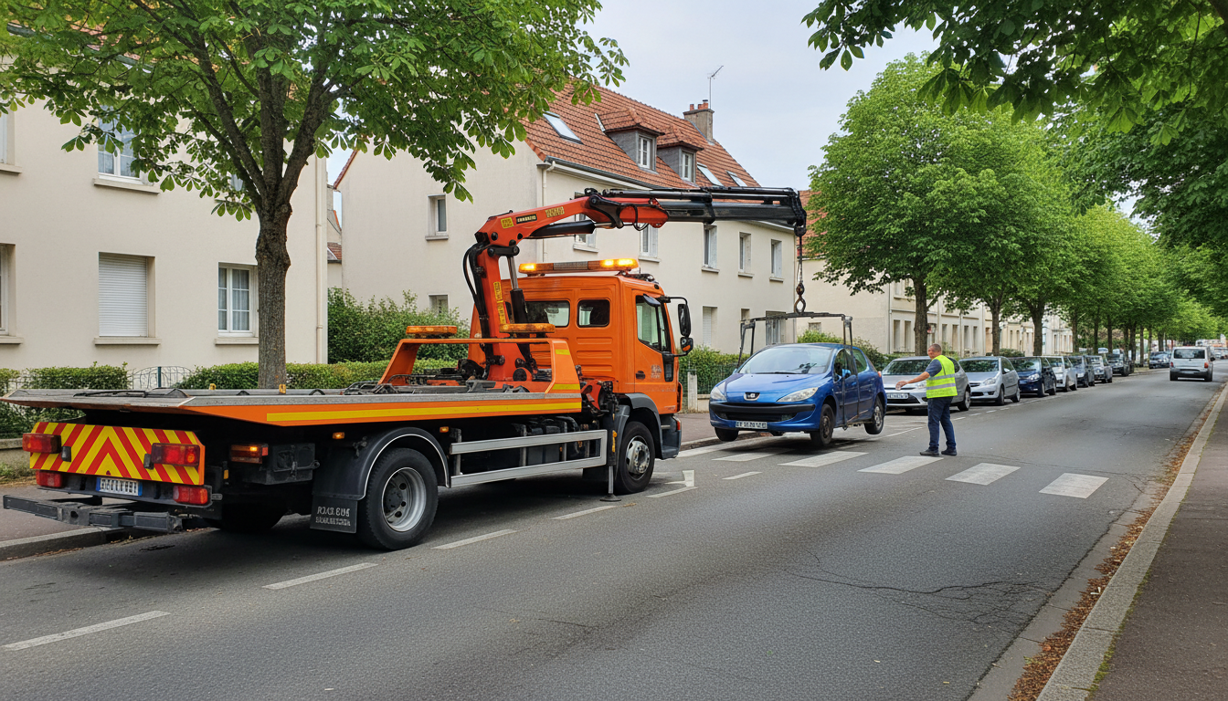 Dépanneuse Fast Depann en pleine intervention pour remorquer une voiture en panne dans une rue résidentielle d'Éragny, Val D'Oise.