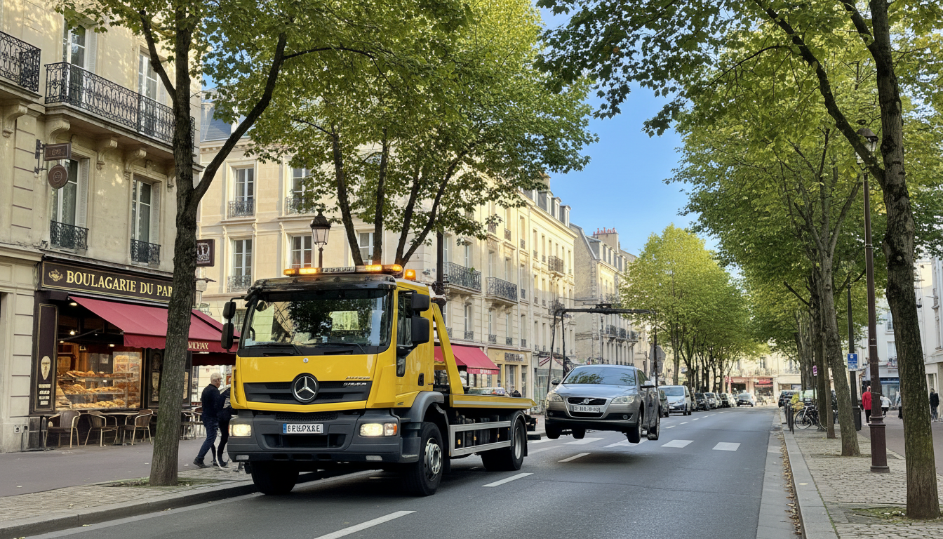 Dépannage auto rapide à Saint-Leu-la-Forêt par Fast Depann, un dépanneur professionnel intervenant sur une panne en plein jour.