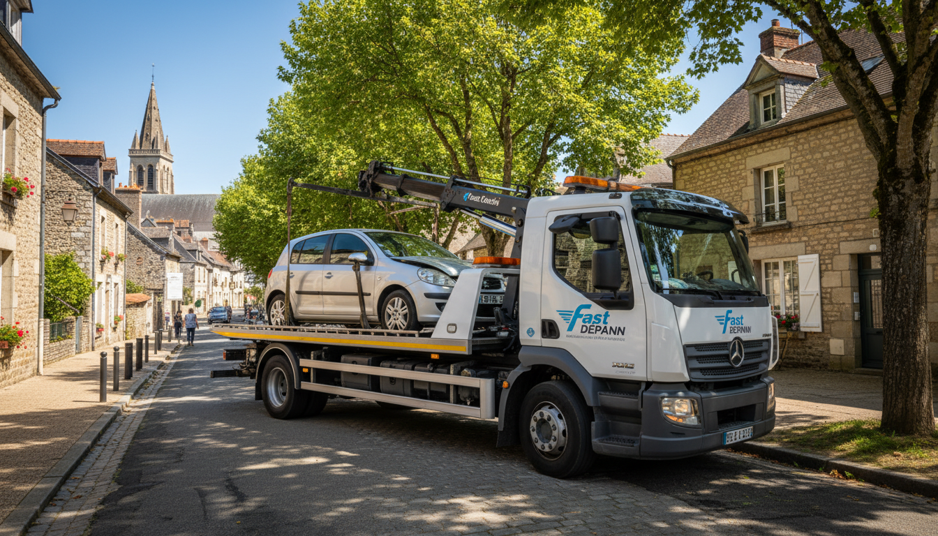 Dépanneuse Fast Depann intervenant sur une voiture en panne dans une rue calme de Saint-Martin-du-Tertre, Val d'Oise, sous un ciel de jour.