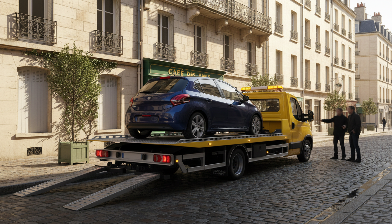 Un dépanneur Fast Depann en pleine intervention pour un dépannage automobile à Saint-Ouen-l'Aumône, Val d'Oise, sur une rue typique de la ville.
